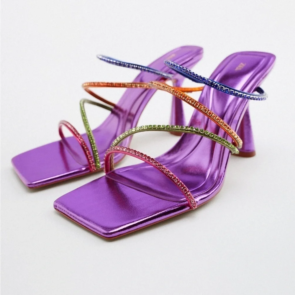 NWT. Zara Purple Heeled Sandals with Rhinestones Straps. Size 8. - Picture 2 of 8